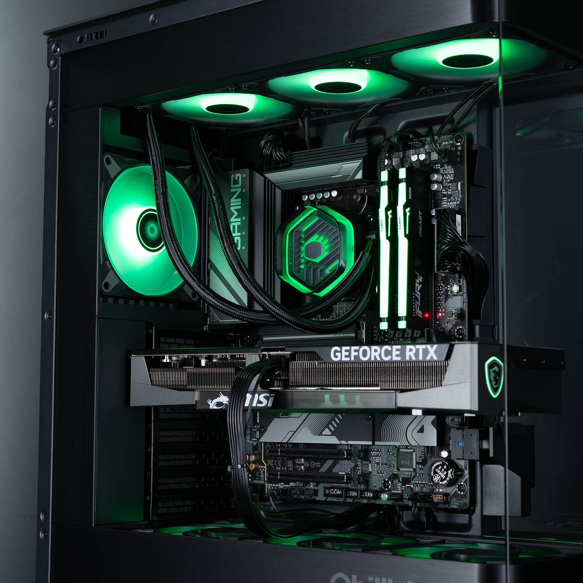 Chillblast Titan RTX 5070 Gaming PC with Green RGB Lighting – A high-performance gaming PC featuring an NVIDIA GeForce RTX GPU, MSI components, liquid cooling, and green LED lighting, housed in a sleek black chassis.