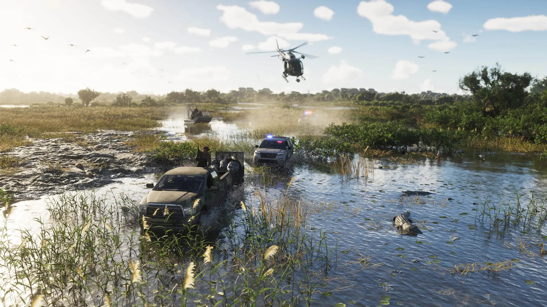 A tense swamp pursuit scene unfolds as police vehicles and an off-road truck speed through shallow, muddy water surrounded by tall grass and wildlife, including a visible alligator, while a helicopter hovers overhead—capturing the untamed, dangerous environment of Grassrivers in GTA 6.