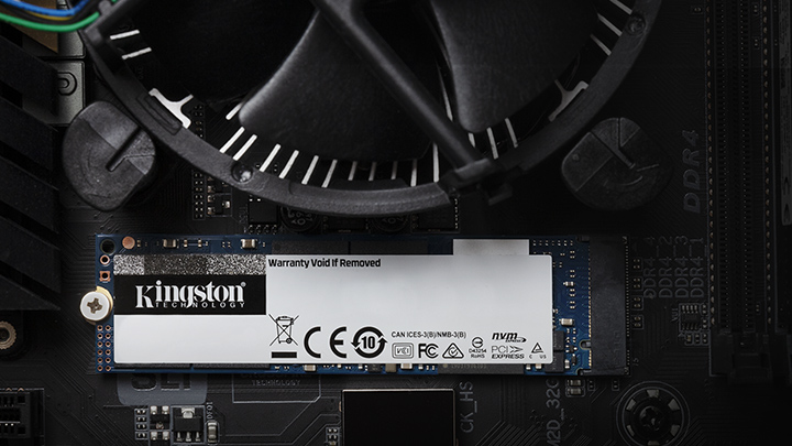 Kingston NVMe M.2 SSD installed in a PC motherboard for high-speed creative performance.