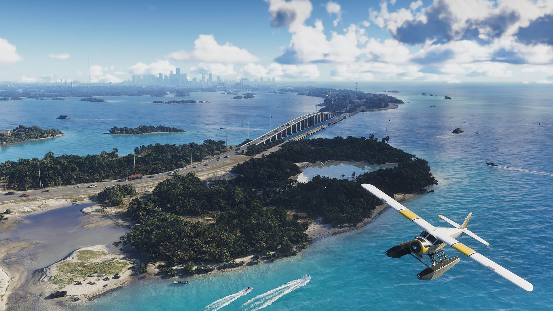 A small seaplane flies over crystal-clear turquoise waters dotted with lush tropical islands, heading toward a long highway bridge that stretches across the ocean toward a distant, hazy skyline—depicting a vibrant coastal setting reminiscent of the Leonida Keys in GTA 6.