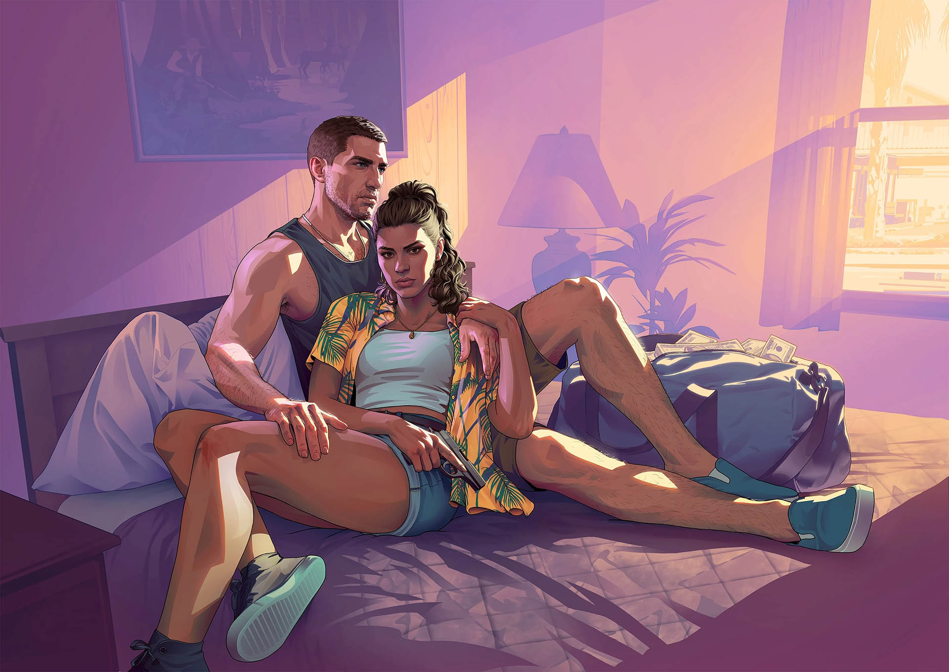 Lucia and Jason from GTA VI sit close together on a motel bed, surrounded by warm sunlight and a duffel bag filled with cash, exuding intensity, intimacy, and criminal tension.