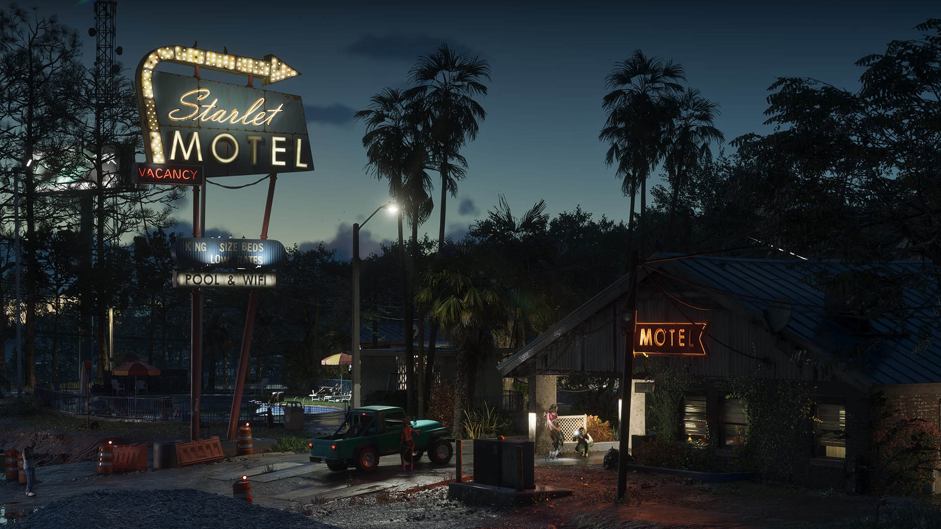 A dimly lit roadside motel called "Starlet Motel" glows under neon signs at dusk, surrounded by palm trees and construction cones, as a green pickup truck and a few figures stand near the entrance—evoking a gritty, rundown atmosphere typical of Port Gellhorn in GTA 6.
