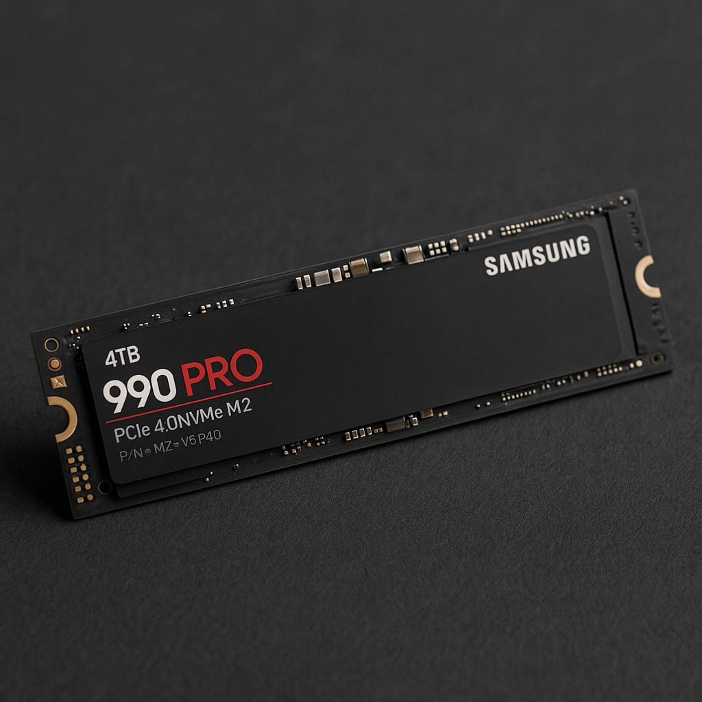 Close-up photo of a Samsung 4TB 990 PRO NVMe M.2 SSD, showcasing its black design, gold connector pins, and branded label on a dark textured surface.