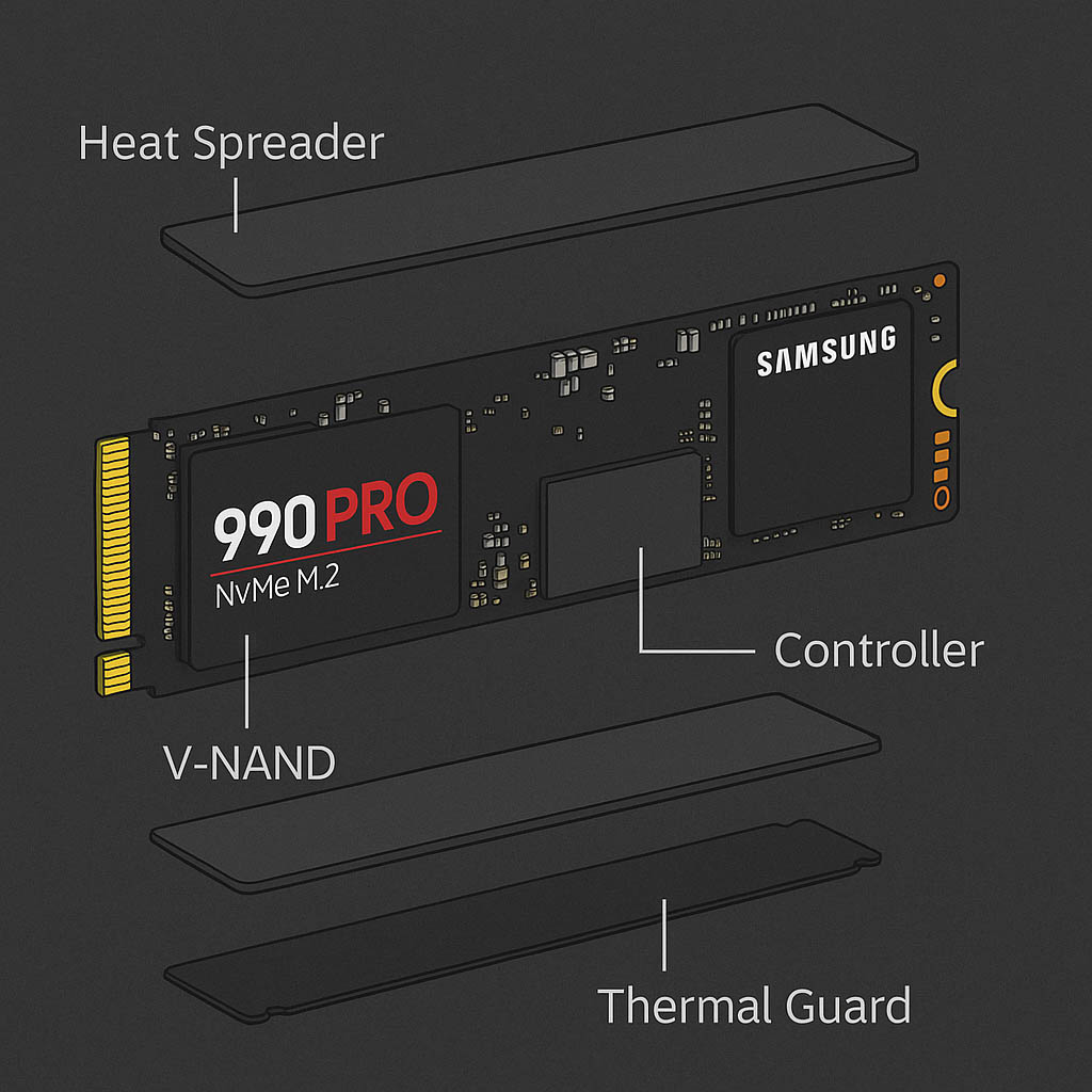 Exploded-view diagram of a Samsung 990 PRO NVMe SSD, showing labeled components including the heat spreader, V-NAND chip, controller, and thermal guard, against a dark background.