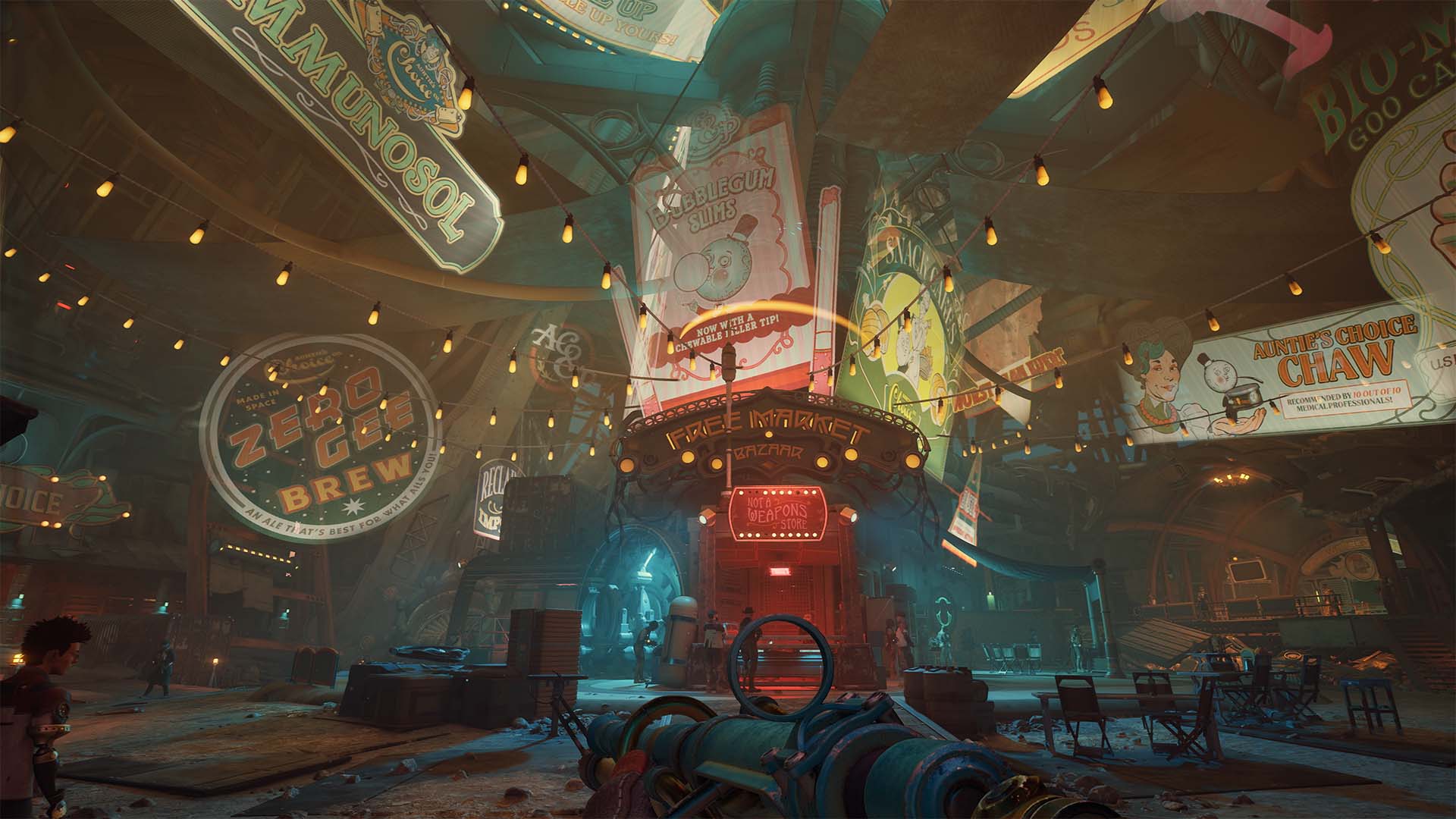 A detailed scene from The Outer Worlds 2 showing a lively futuristic marketplace filled with neon signs, glowing lights and sci-fi advertisements.