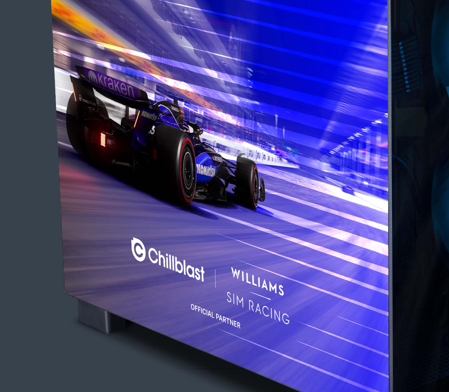 Close-up of a Chillblast PC side panel featuring a Williams Formula 1 car graphic with Chillblast and Williams Sim Racing official partner branding.