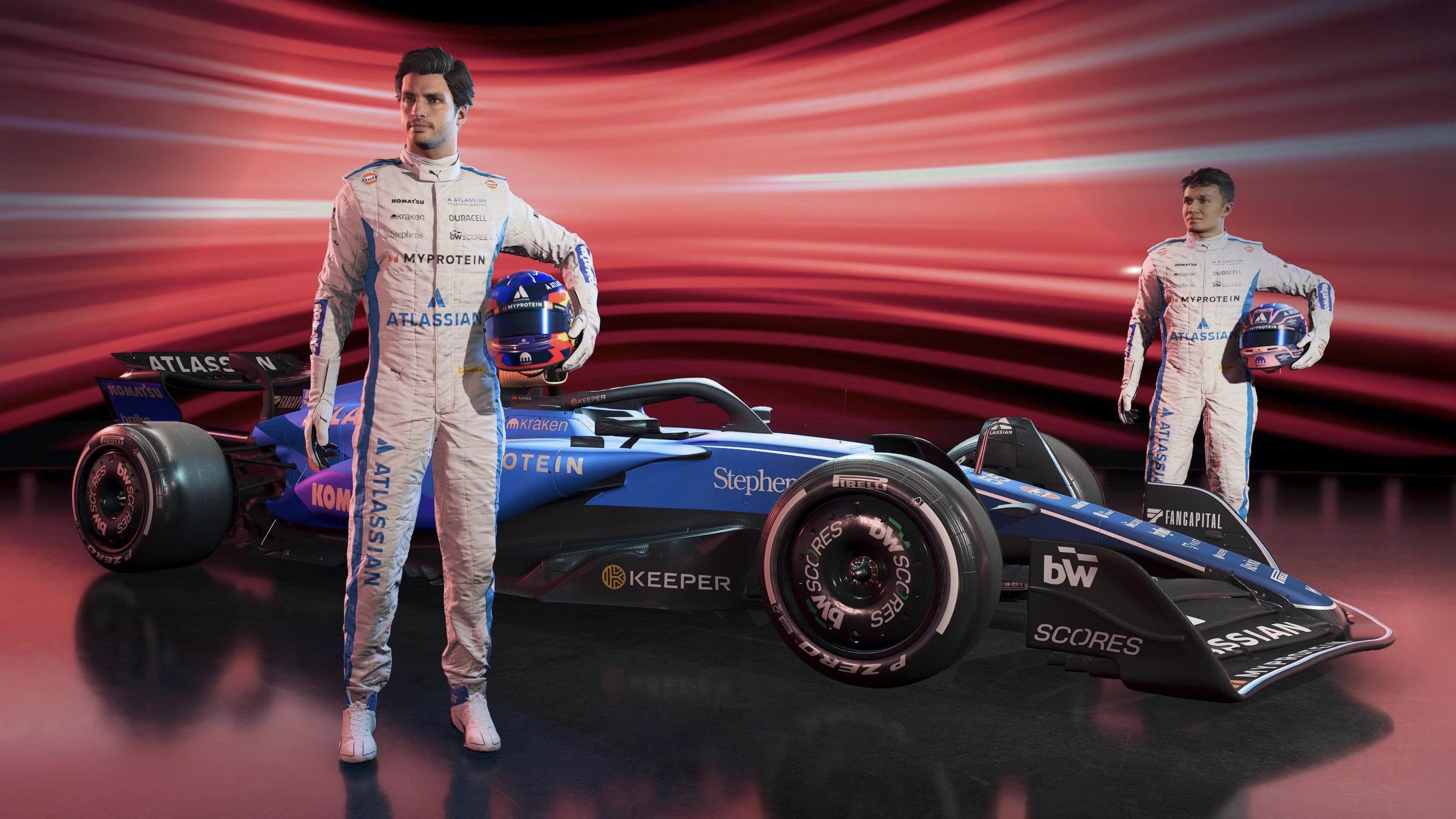 Render of two Formula 1 drivers in full Williams Racing fire suits standing beside a blue 2025 Williams F1 car, set against a stylized red background, as featured in EA SPORTS F1 25.