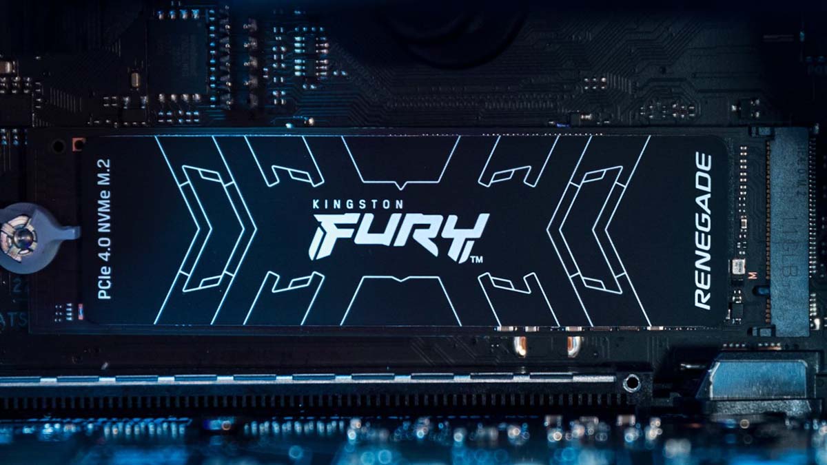 Kingston FURY Renegade NVMe M.2 SSD installed in a PC for fast creative performance.