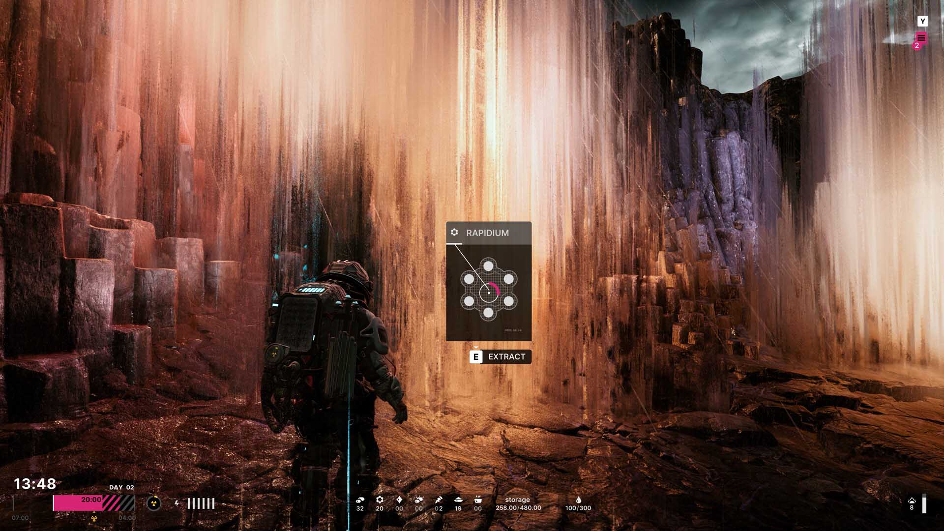 A lone astronaut-like character stands before a dramatic mineral formation glowing with warm hues in The Alters, preparing to extract a rare resource called “Rapidium” from the towering crystalline pillars. The environment appears alien and otherworldly, with a rich blend of sci-fi UI elements showing time, storage, and survival data.