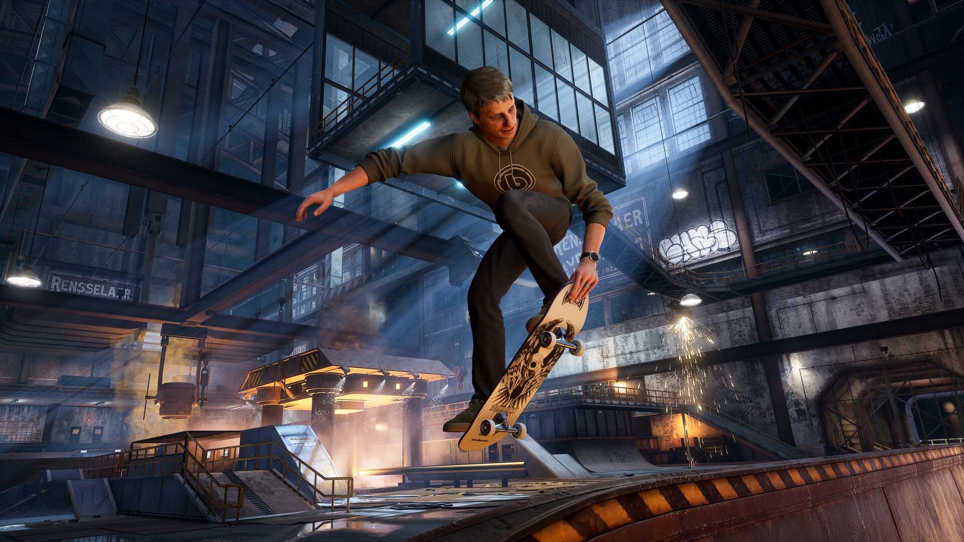 Skateboarder performing a trick inside an industrial skate park with dramatic lighting, sparks, and detailed environmental effects.
