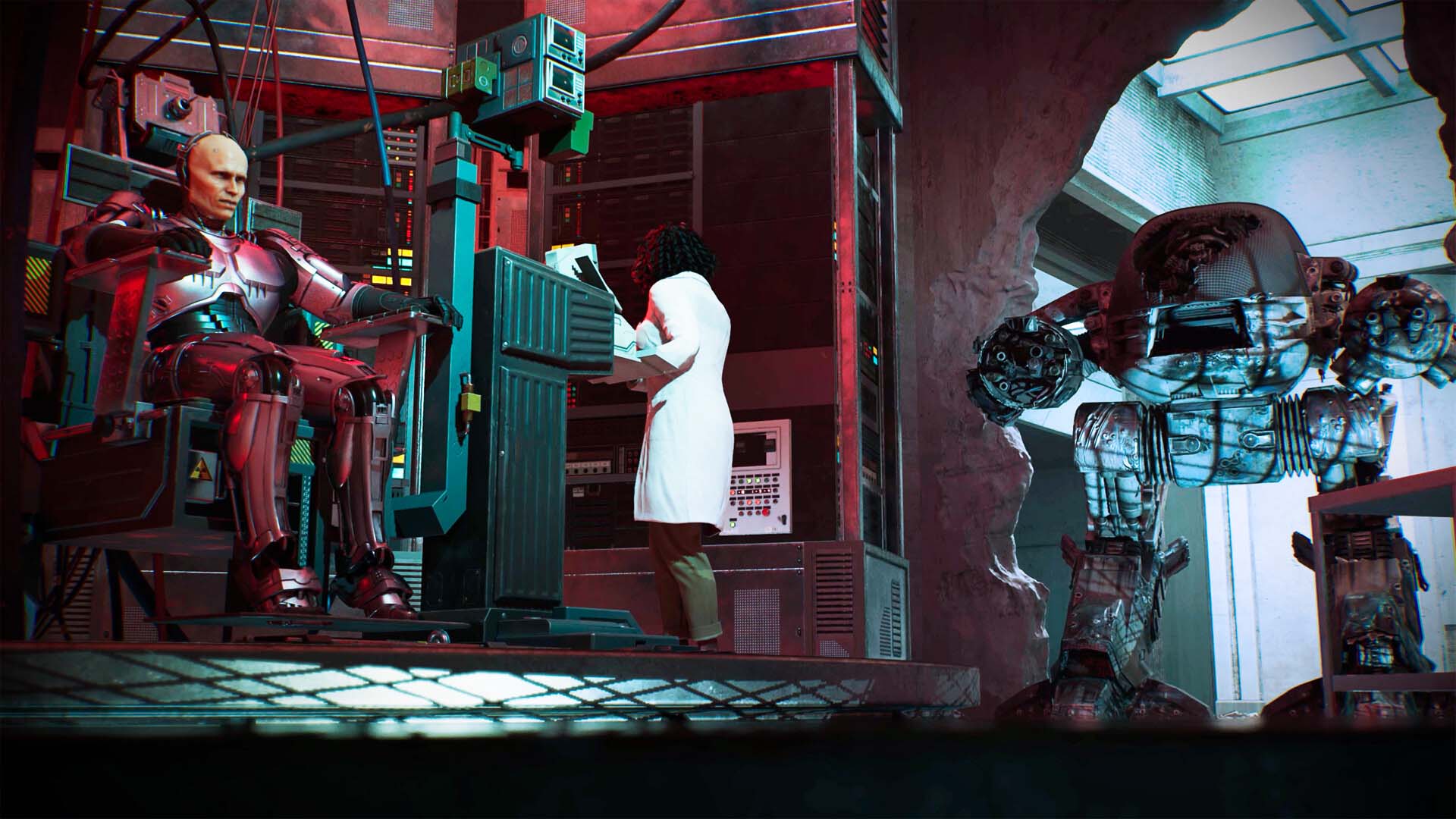 RoboCop sits in a diagnostic chair while a scientist monitors his systems, as the towering ED-209 robot looms in the background through a breached wall.