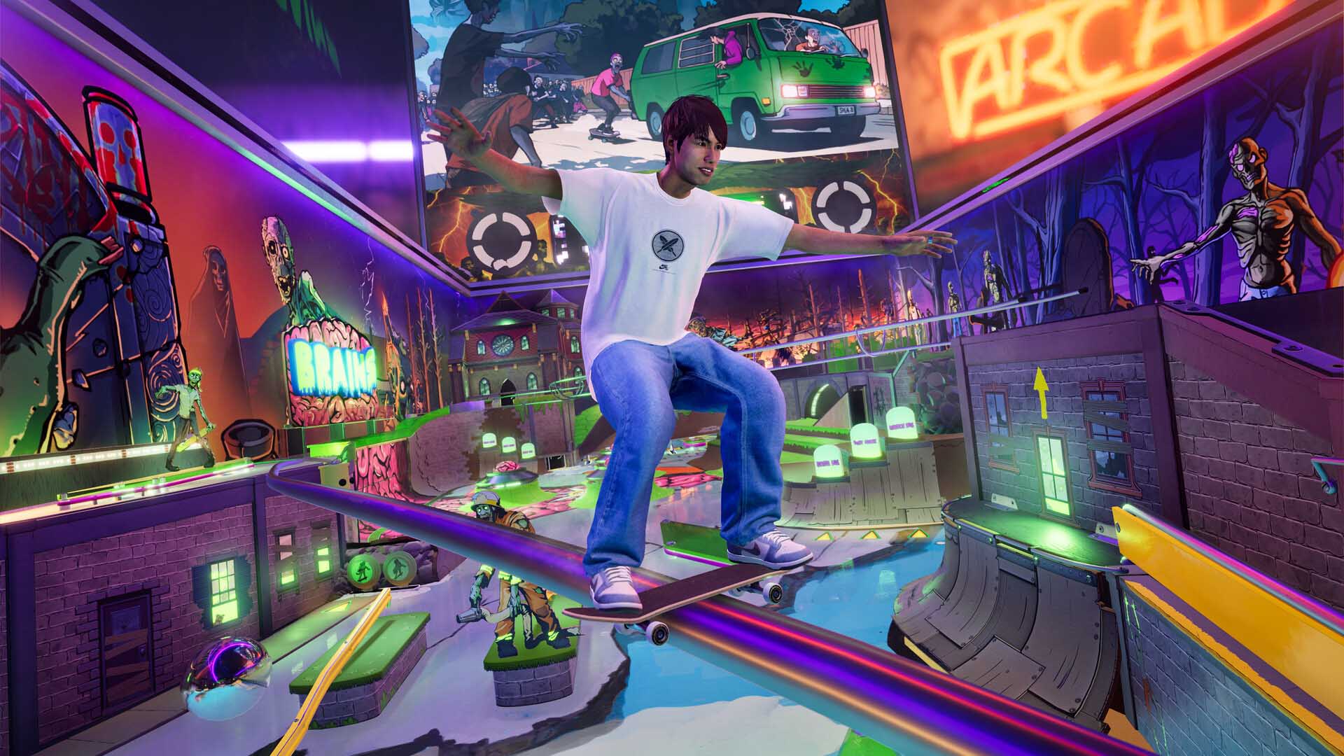 Skater grinding a neon rail in a vibrant, comic book-style arcade level with zombie-themed artwork and glowing elements.