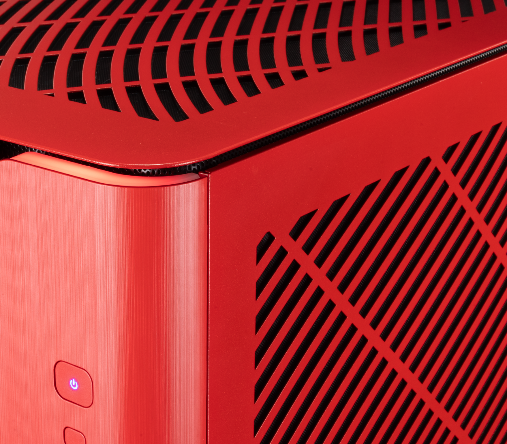 A stunning view of the outside top corner of the Bold Red Forge 5070 Ti gaming PC