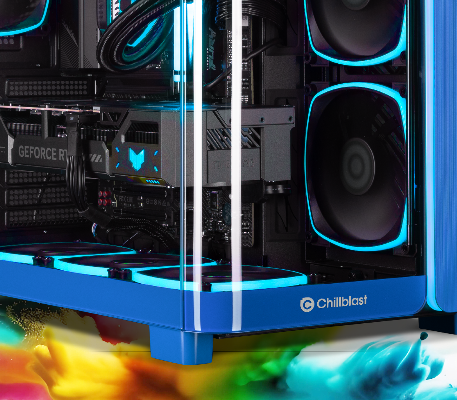 The Cool Blue Forge 5070 Ti gaming PC, shown from a front angle so you can see the graphics card lit by the blue LED fans