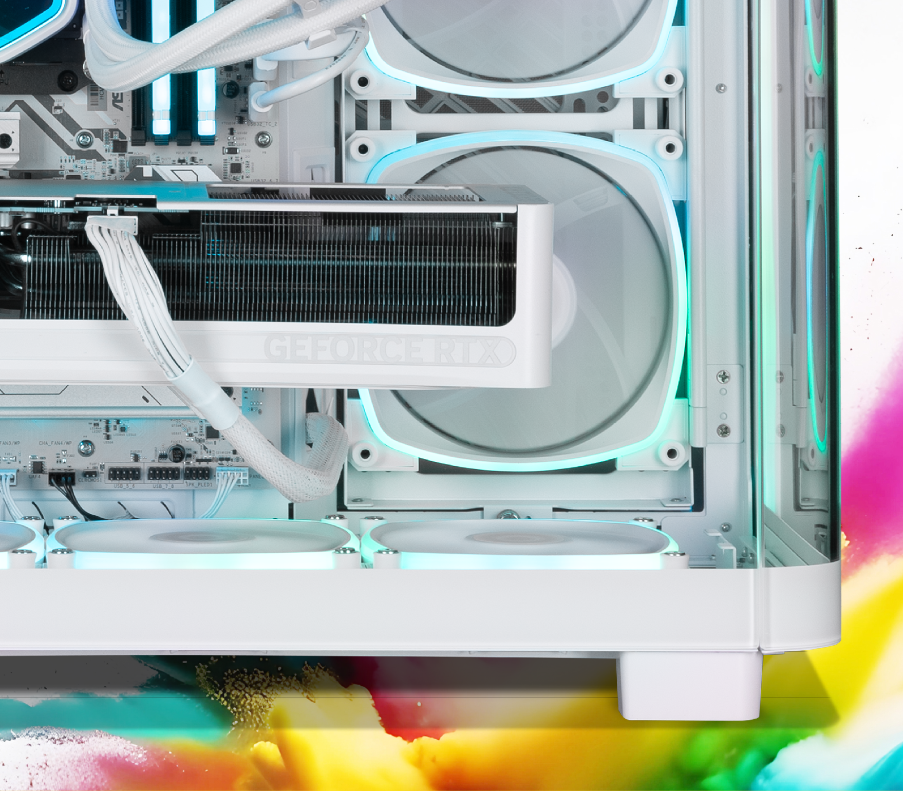 A view of the side of the Pristine White Forge 5070 Ti gaming pc, showing off the GPU being lit by several white LED fans
