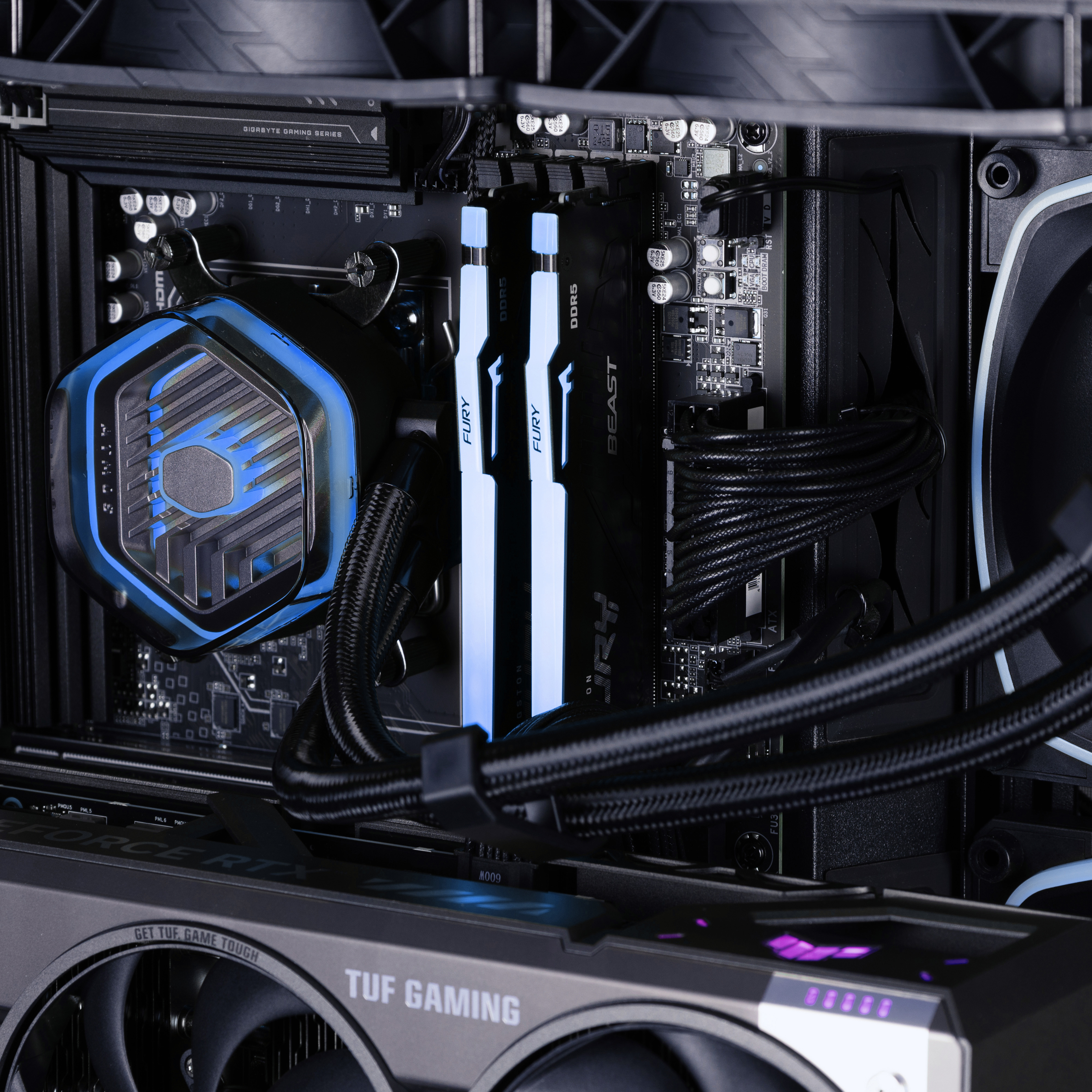 Viewing the CPU and memory, with the graphics card at the bottom, all illuminated in blue.