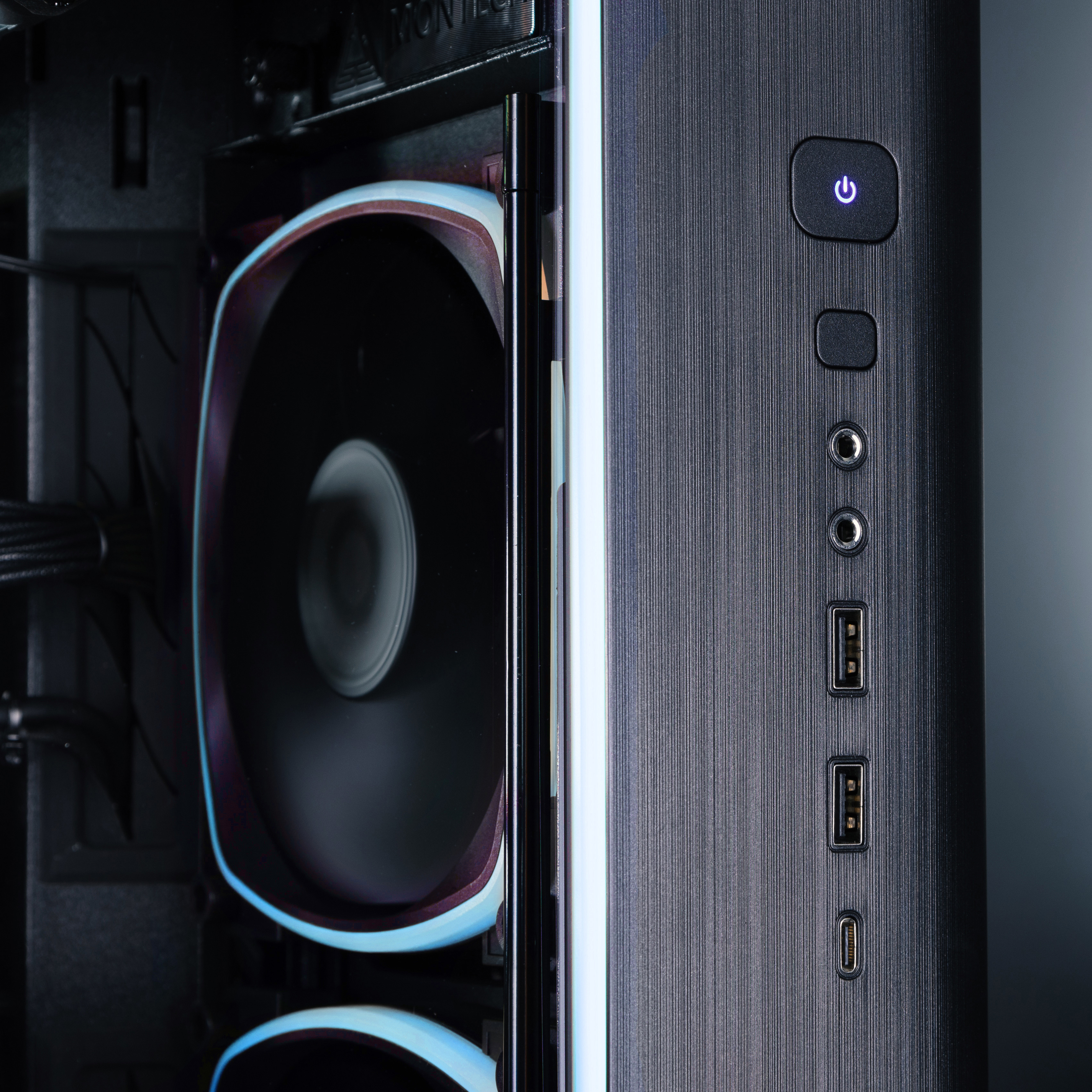 A view of the inside of the case, showing fans on the top and right side and the Chillblast logo stamped on the inside