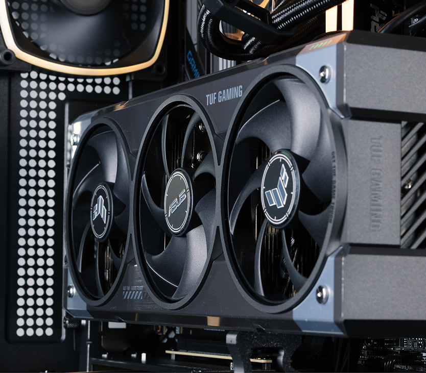 A view of the RTX 5090 graphics card fitted in a vertical configuration inside the Forge 5090 gaming PC
