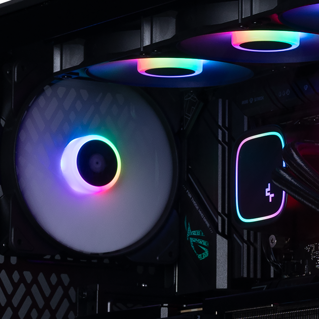 A AiO CPU Cooler block and the radiator fans attached to the top
