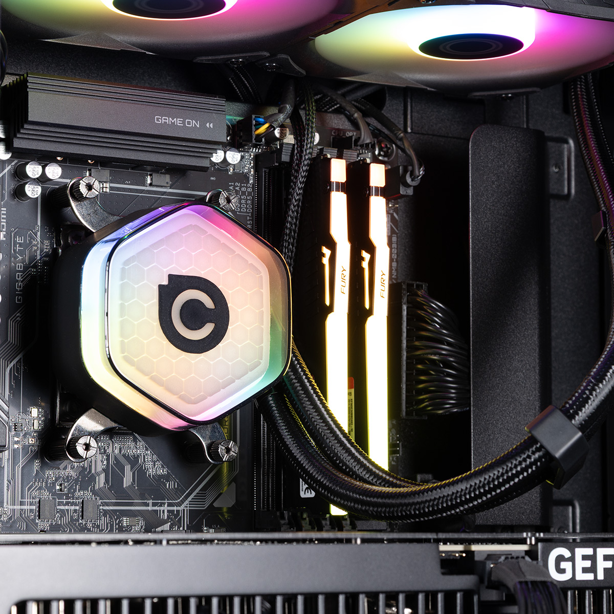 RGB RAM inserted into their slots, glowing yellow