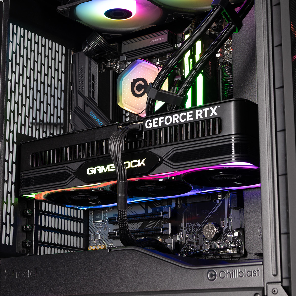 A B850 motherboard installed in a PC case