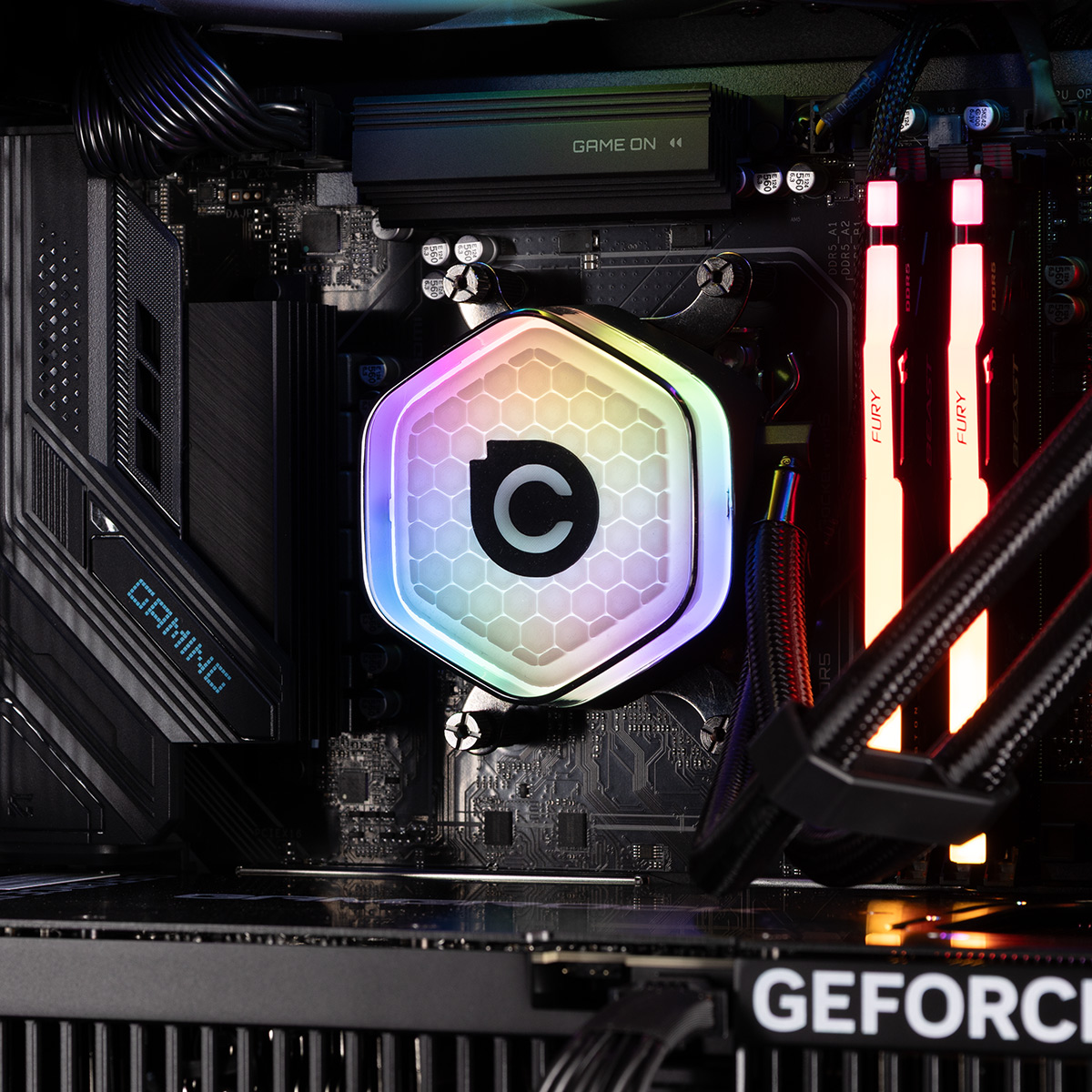 The CPU block with the Chillblast logo, glowing multiple colours