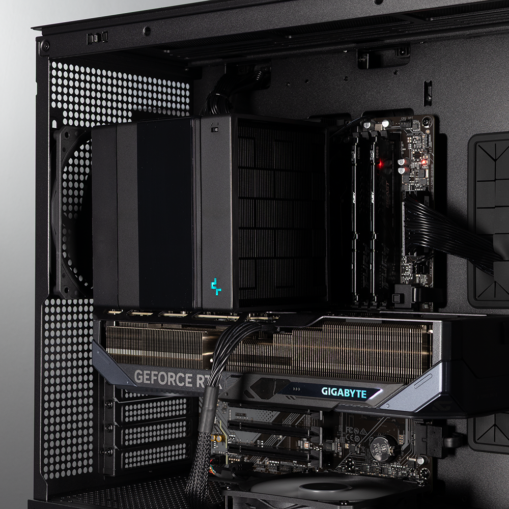 The GeForce RTX 5080 installed in its slot inside the PC