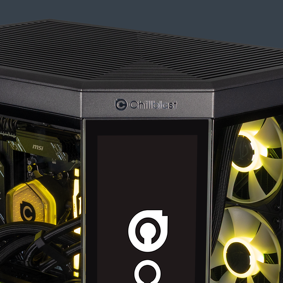 A view of the Chillblast logo placed at the top of the angled side of the Vantage Icon PC