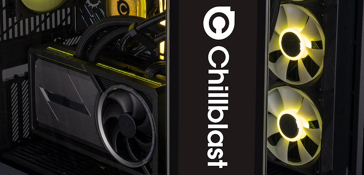 A view of the Vantage Icon from the angled screen, showing the GPU and CPU cooler along with side fans