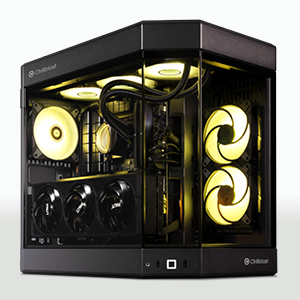 Black PC case with yellow lighted coolers and fans on a white background