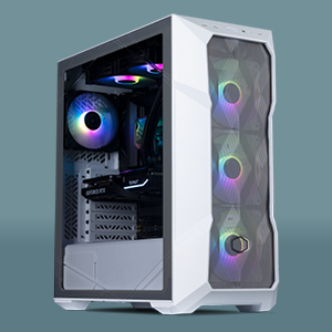 White PC case with rainbow fans on a teal background