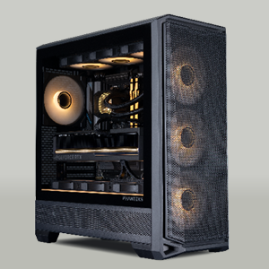 black PC with orange lighted coolers and fans on a grey background