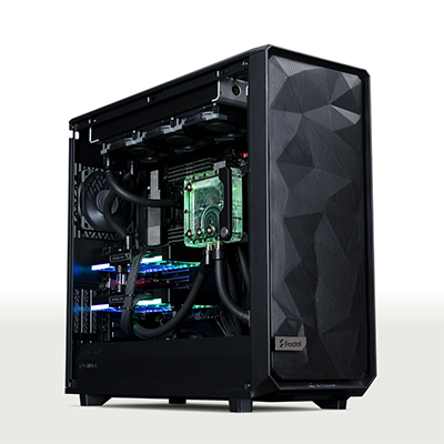 A sleek customizable gaming PC with a geometric black front panel, liquid cooling system, RGB lighting, and a transparent side panel showcasing internal components, set against a vibrant yellow background.