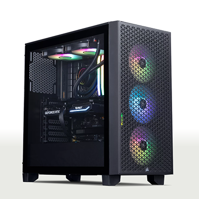 White Chillblast gaming PC with a modern design, featuring a transparent side panel, vibrant RGB lighting on cooling fans, and a mesh front panel for airflow, ideal for next-day delivery systems.