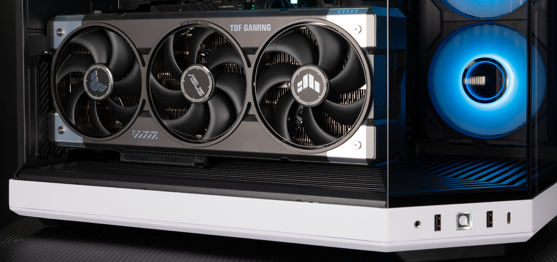 A view of the bottom half of the front and side of the Verge Icon gaming PC, showing off the graphics card
