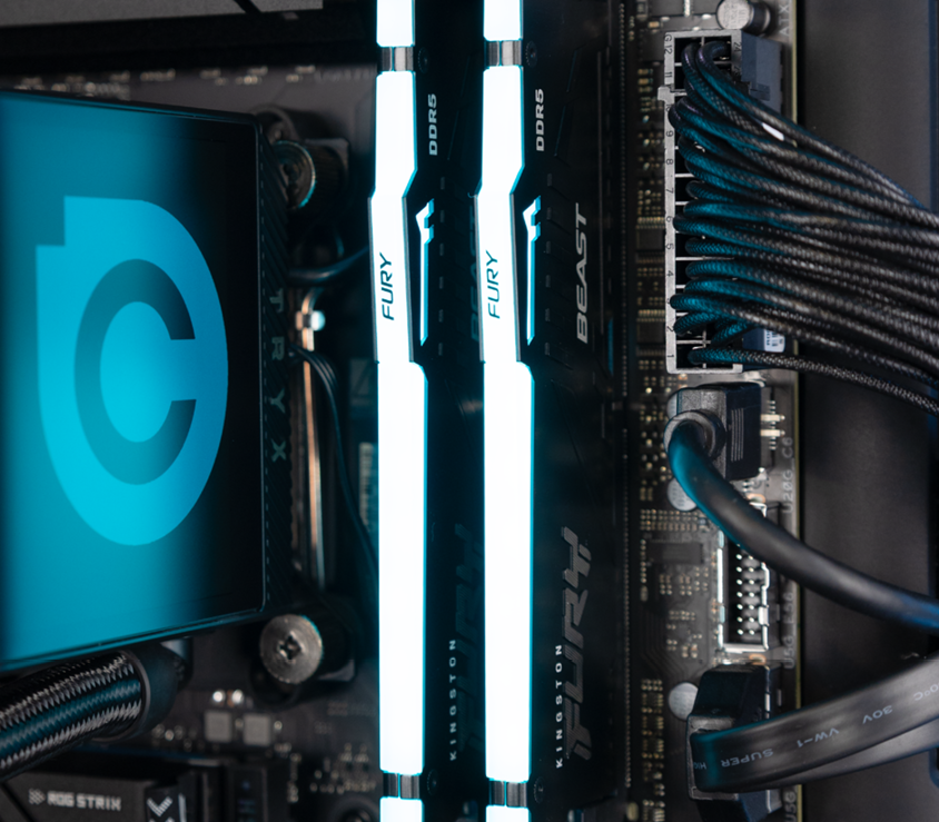 The RGB memory glowing blue in the Verge Icon gaming PC