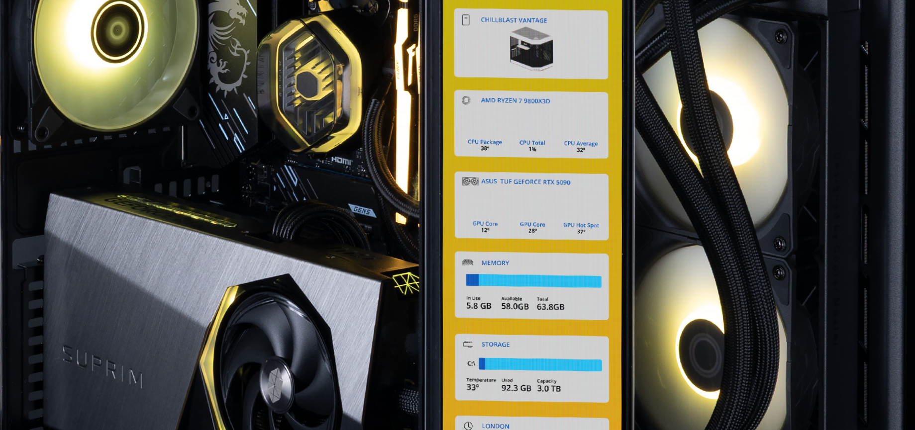 A view of the Vantage Icon from the angled screen, showing the GPU and CPU cooler along with side fans
