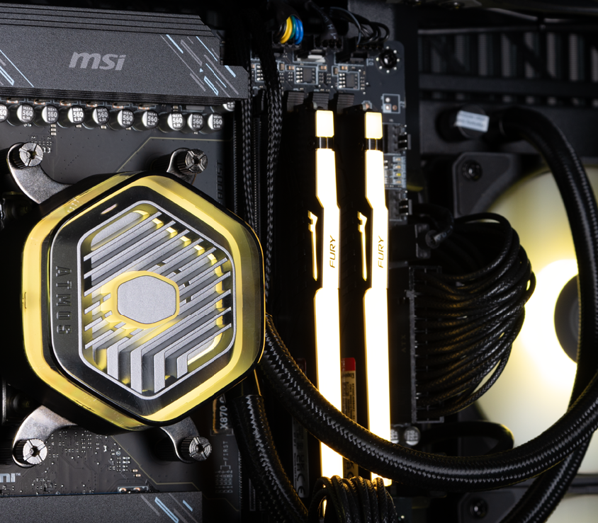 A view of the Vantage Icon gaming PC with the CPU block and memory