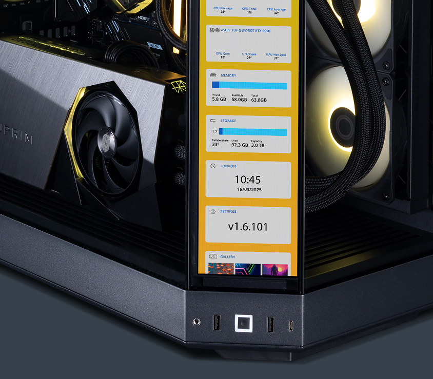 A view of the bottom half of the Vantage Icon PC, showing the screen and graphics card