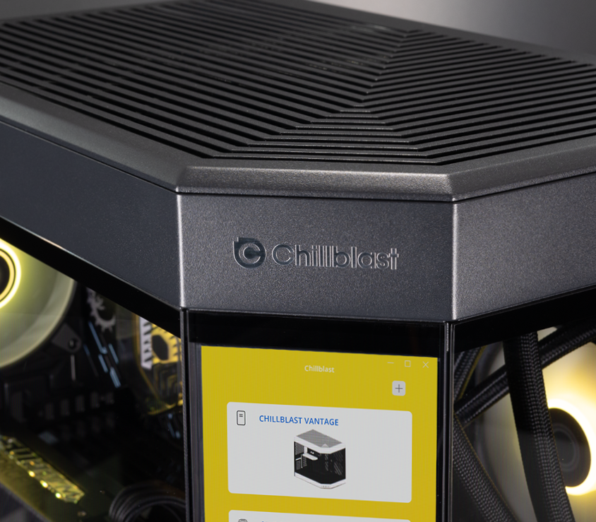 A view of the Chillblast logo placed at the top of the angled side of the Vantage Icon PC