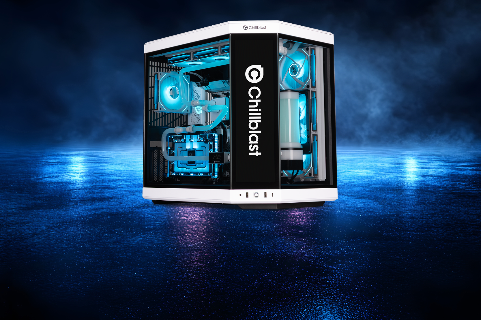 Verge Water Cooled gaming PC with blue RGB lighting on a blue smoky background