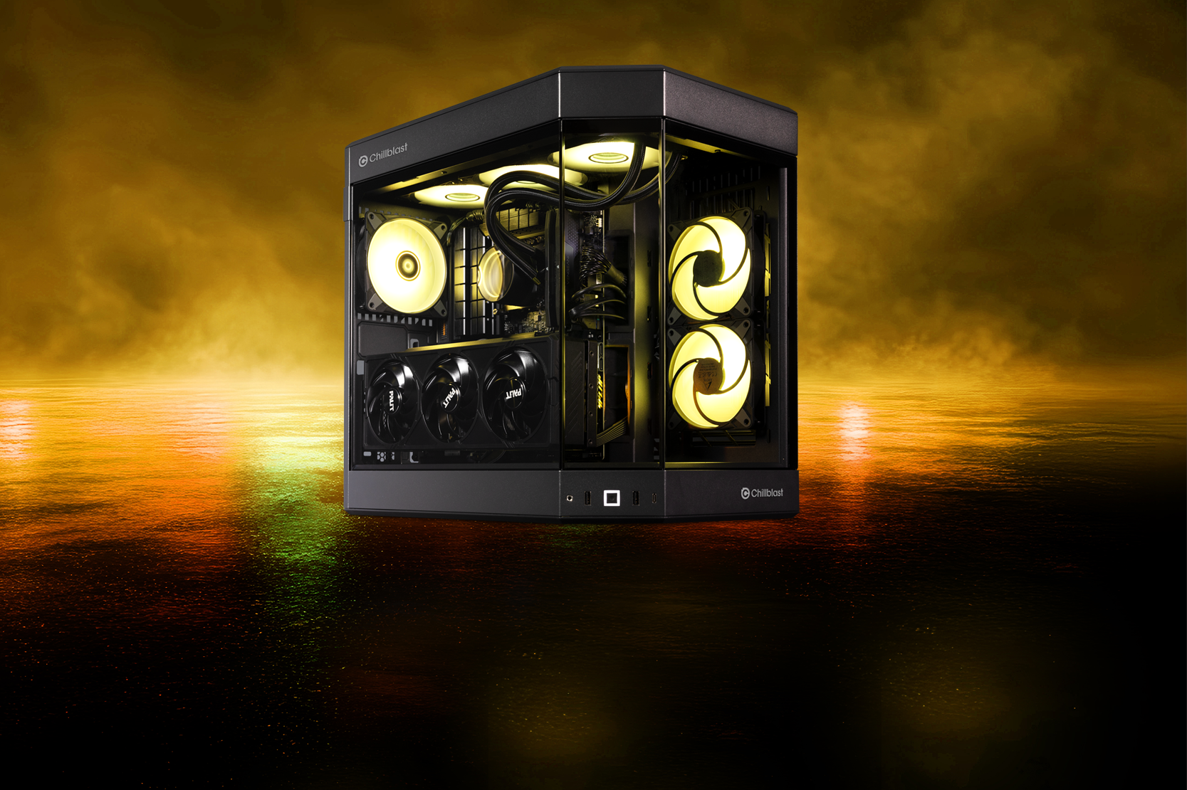 Black Edge Vantage PC with yellow lighting on smoky yellow background, 
