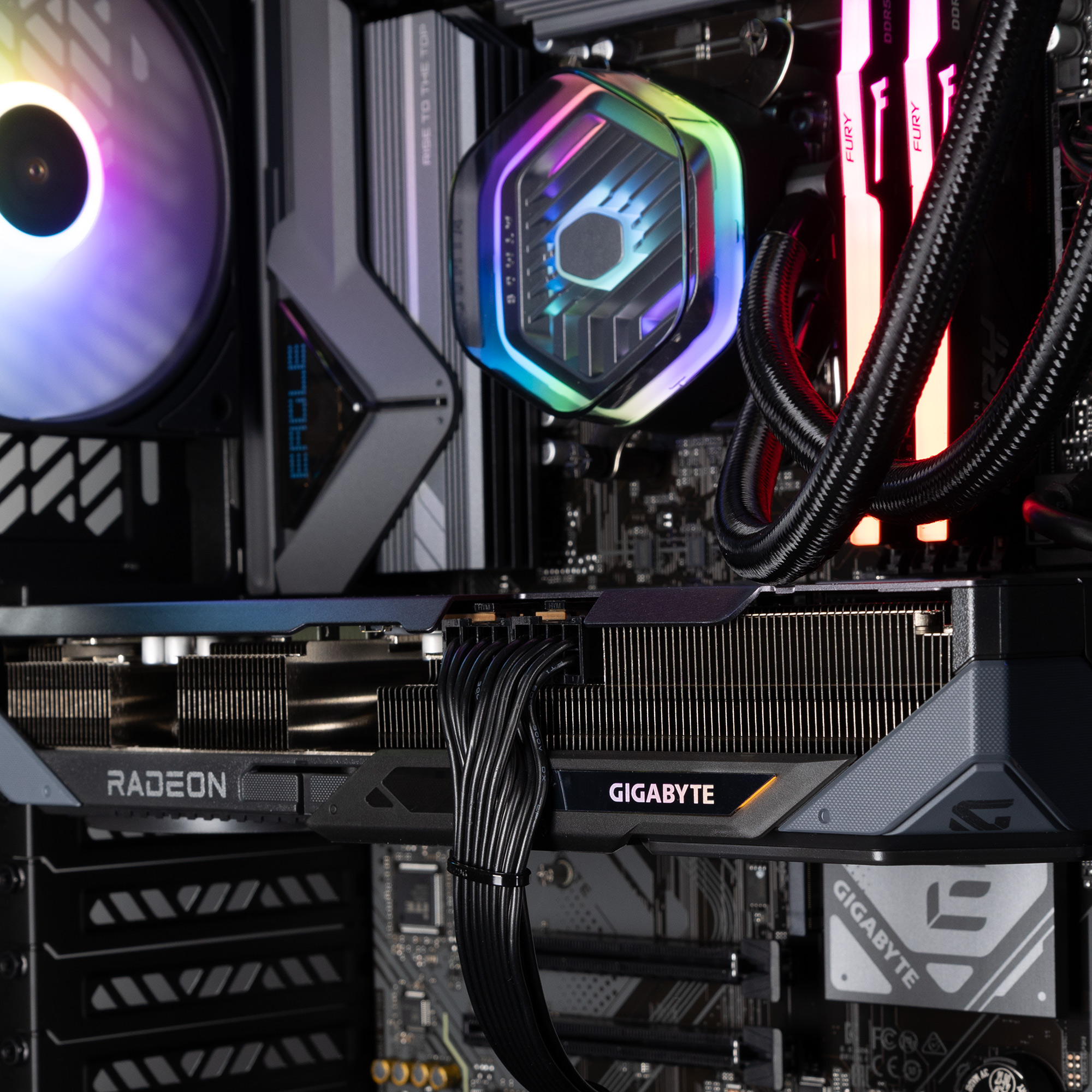 The Radeon RX 9070 graphics card sat inside a PC