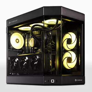 Chillblast Edge Gaming PC with a cube-shaped black chassis, featuring a transparent side panel, yellow LED lighting, multiple cooling fans, and a liquid cooling system for high-performance gaming.
