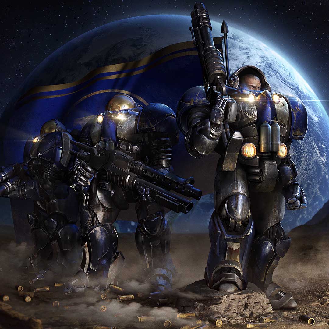 StarCraft II promotional artwork featuring Terran Marines in heavy power armour standing on a battlefield with bullet casings scattered around, a planet and flag in the background.