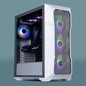 White Chillblast gaming PC with a modern design, featuring a transparent side panel, vibrant RGB lighting on cooling fans, and a mesh front panel for airflow, ideal for next-day delivery systems.