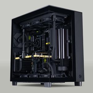 Chillblast Origin Gaming PC with a minimalist black chassis, a transparent side panel revealing advanced internal components, custom liquid cooling tubes, and subtle LED lighting for optimal performance and sleek design.