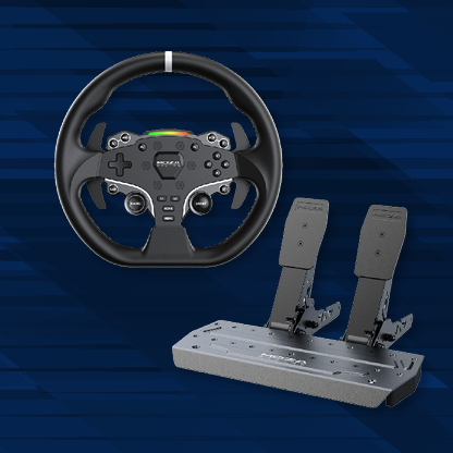 Racing sim racing wheel and set of pedals in black
