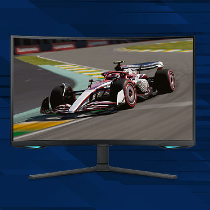 Black PC monitor featuring a red and white F1 car on a track