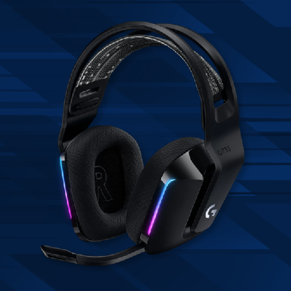Racing sim headset with mouthpiece in black with pink and blue neon lights around the front of each ear piece.